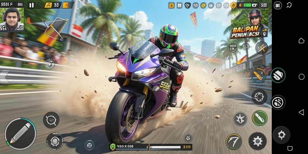Tangkapan layar gameplay 555F yang menampilkan aksi balapan motor yang intens.