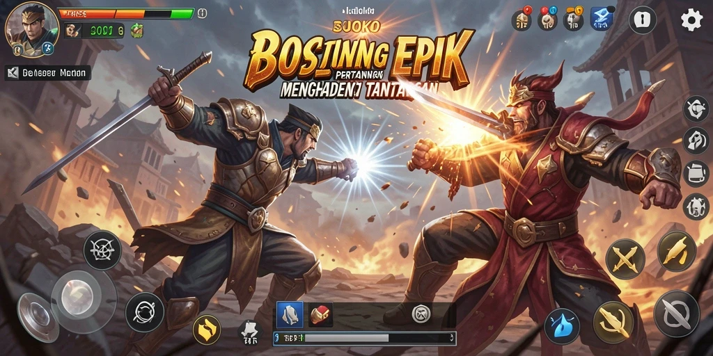Screenshot gameplay BOSJOKO yang menunjukkan aksi pertarungan yang mendebarkan.