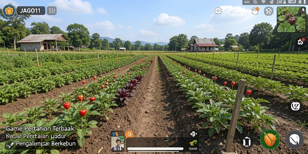 Screenshot gameplay JAGO11 menunjukkan ladang hijau yang subur dan aktivitas berkebun.